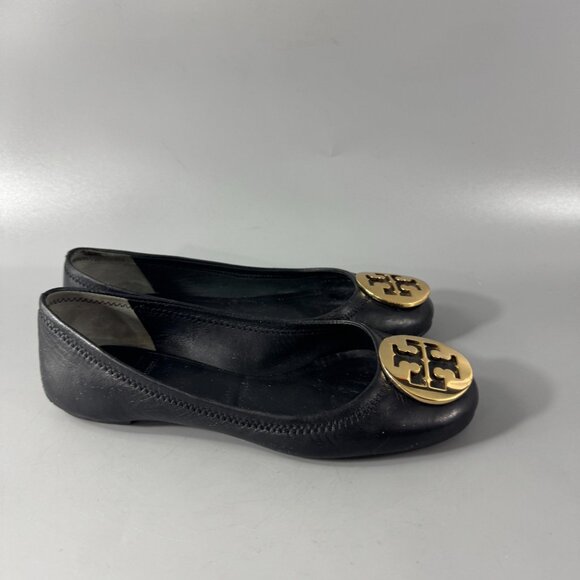 TORY BURCH Reva Ballerina Ballet Flats - Black Leather Gold Logo - Size 6 M - Picture 2 of 14